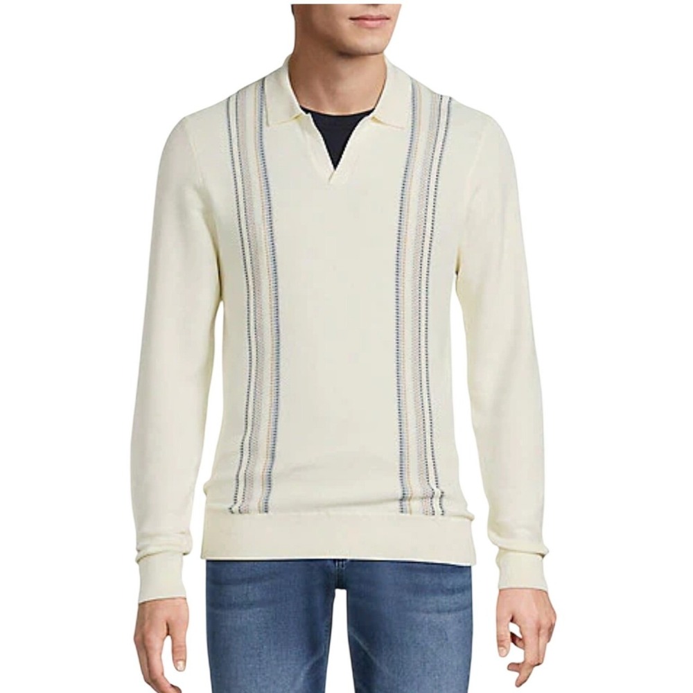 ROWM NWT SZ LGE Polo Sweater Cream Supima Cotton Long Sleeve V-Neck Stripe‎
